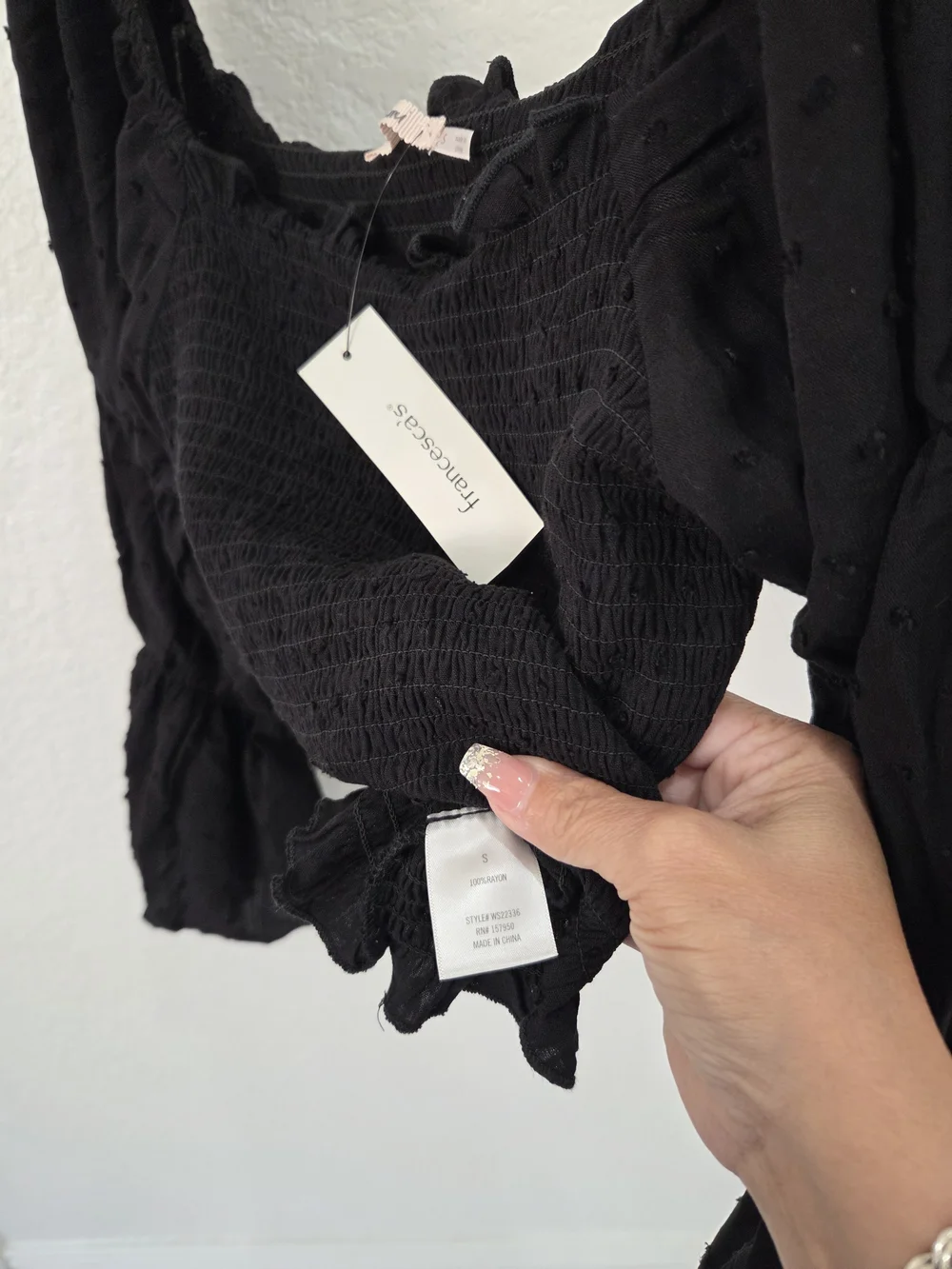Francesca's Black Smocked Puff-Sleeve Crop Top with Ruffle Hem